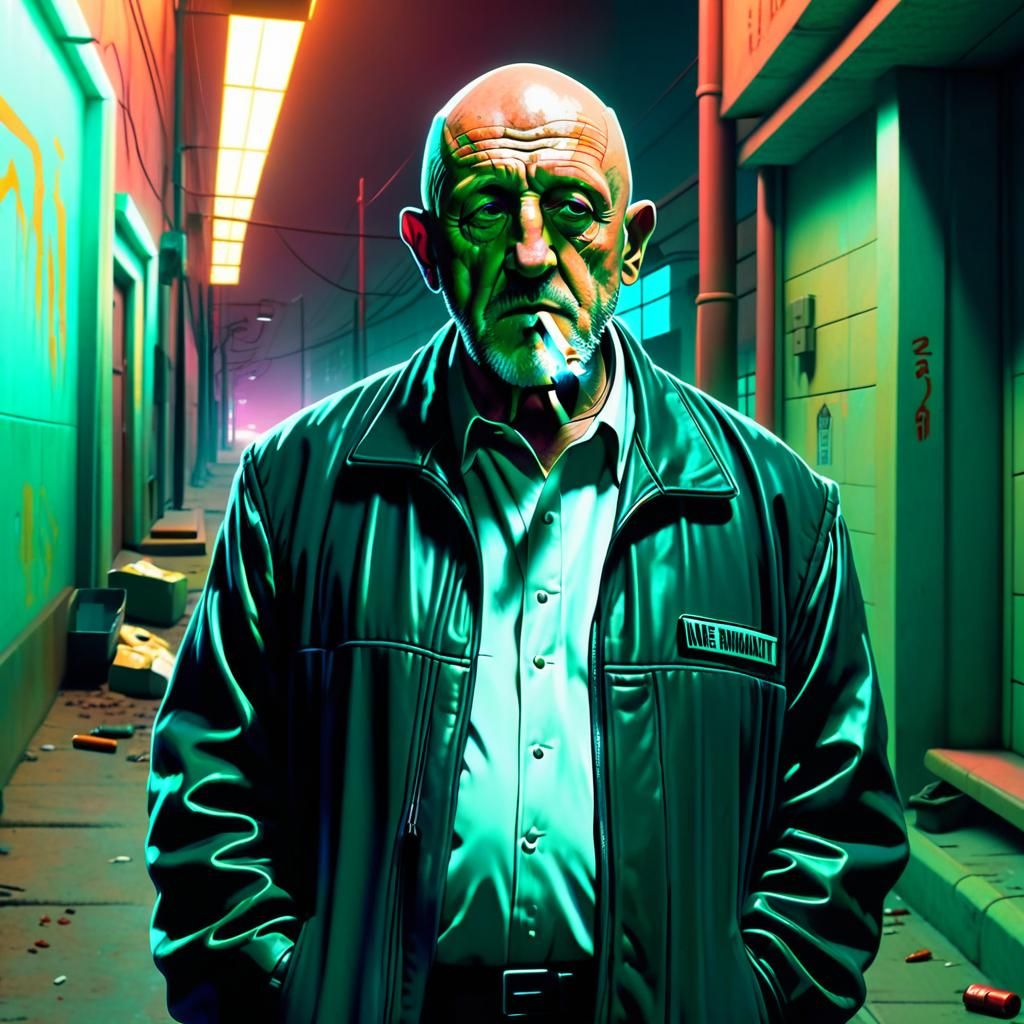 Cyborg Mike Ehrmantraut in Neon Cyberpunk Alley