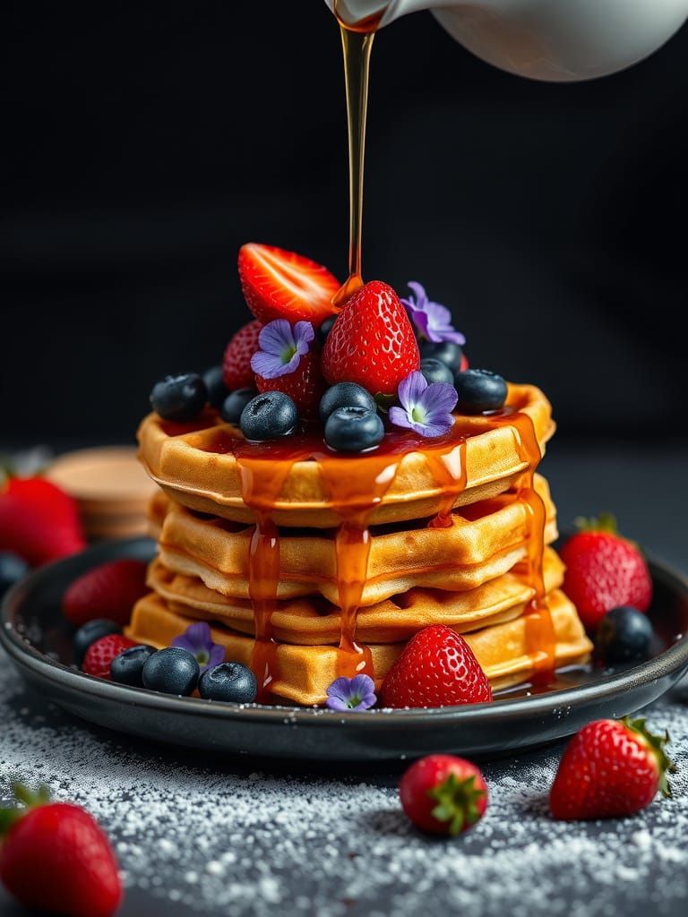 Gourmet Waffles with Berries and Maple Syrup