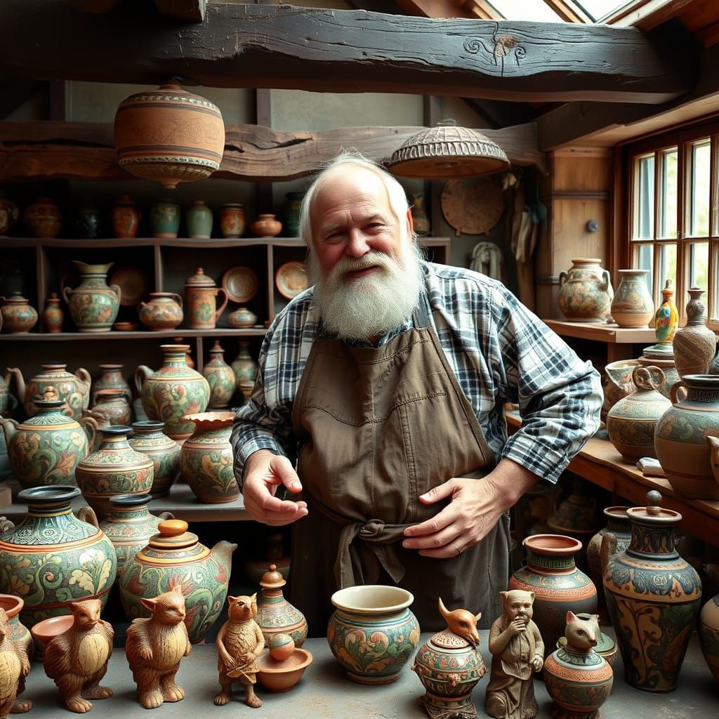 Traditional Potter's Workshop in Whimsical Folk Art Style