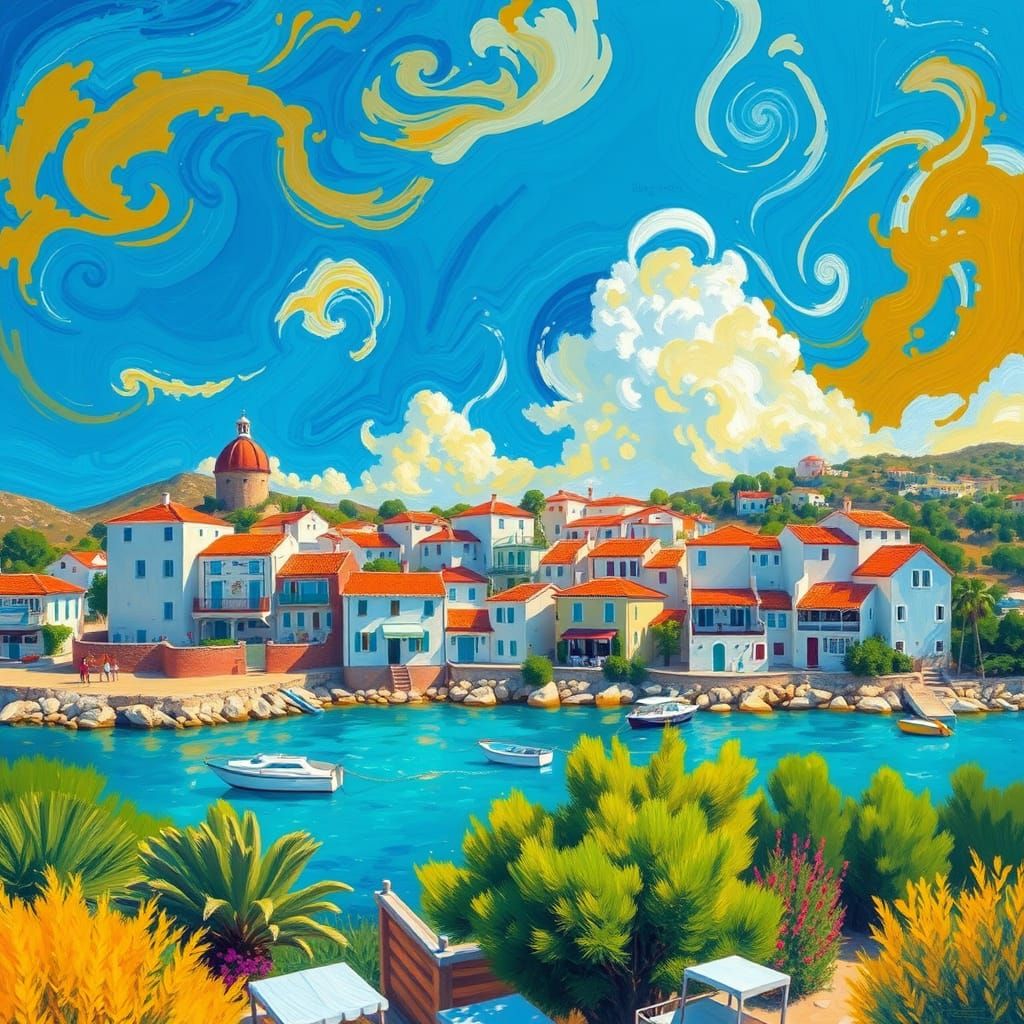 Painting of the Greek town of Syvota in the style of Van Gogh.