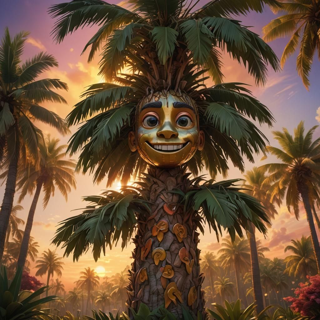 Whimsical Palm Trees Enjoying a Sunset in 3D