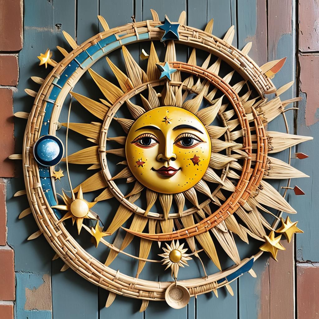 Art Deco Woven Wicker Sun, Moon, and Stars