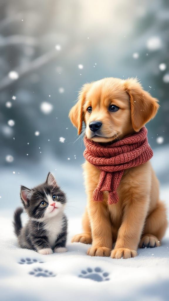 Cute Puppy and Kitten Play in Snowy Winter Wonderland