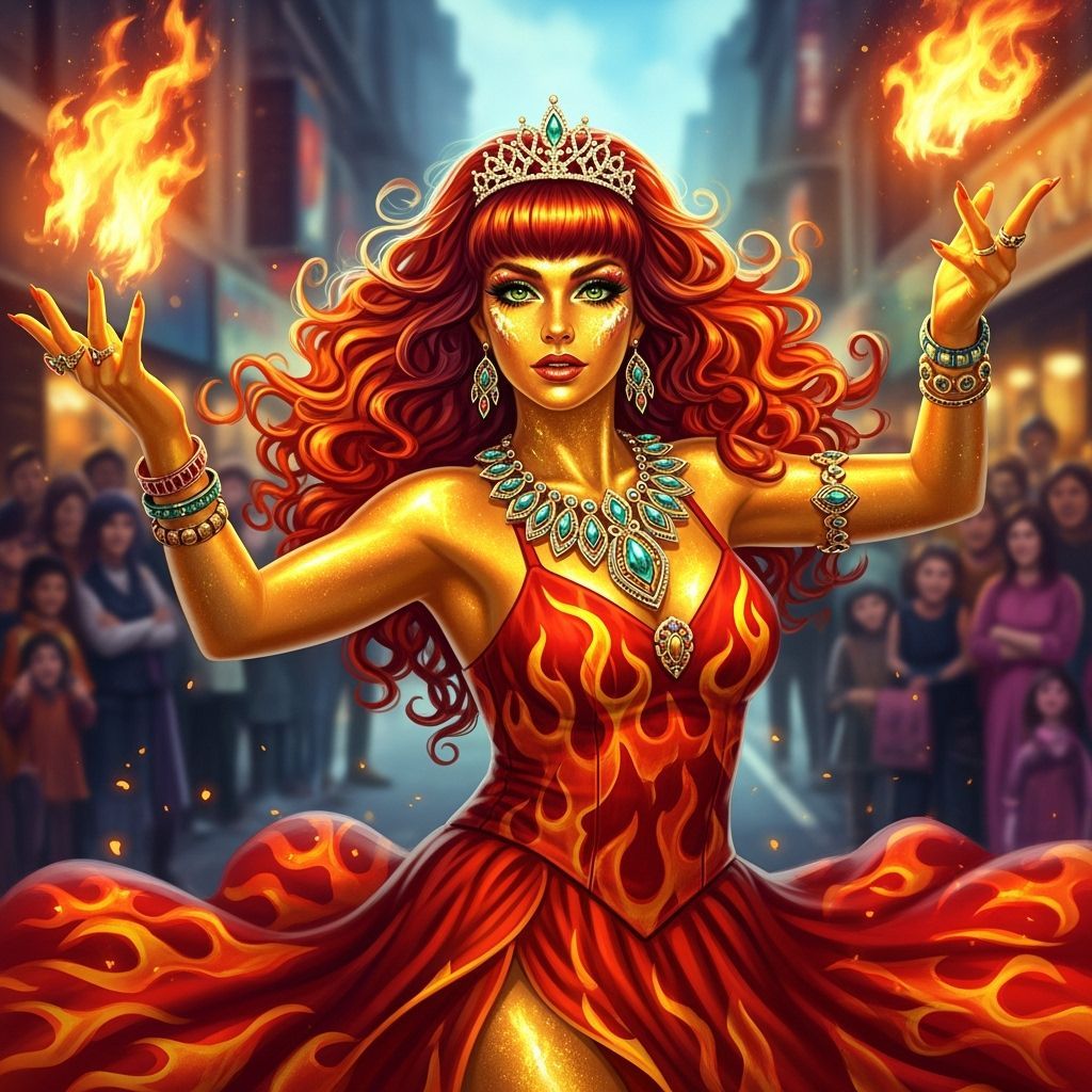 Fiery Dancer with Golden Skin in Futuristic Style