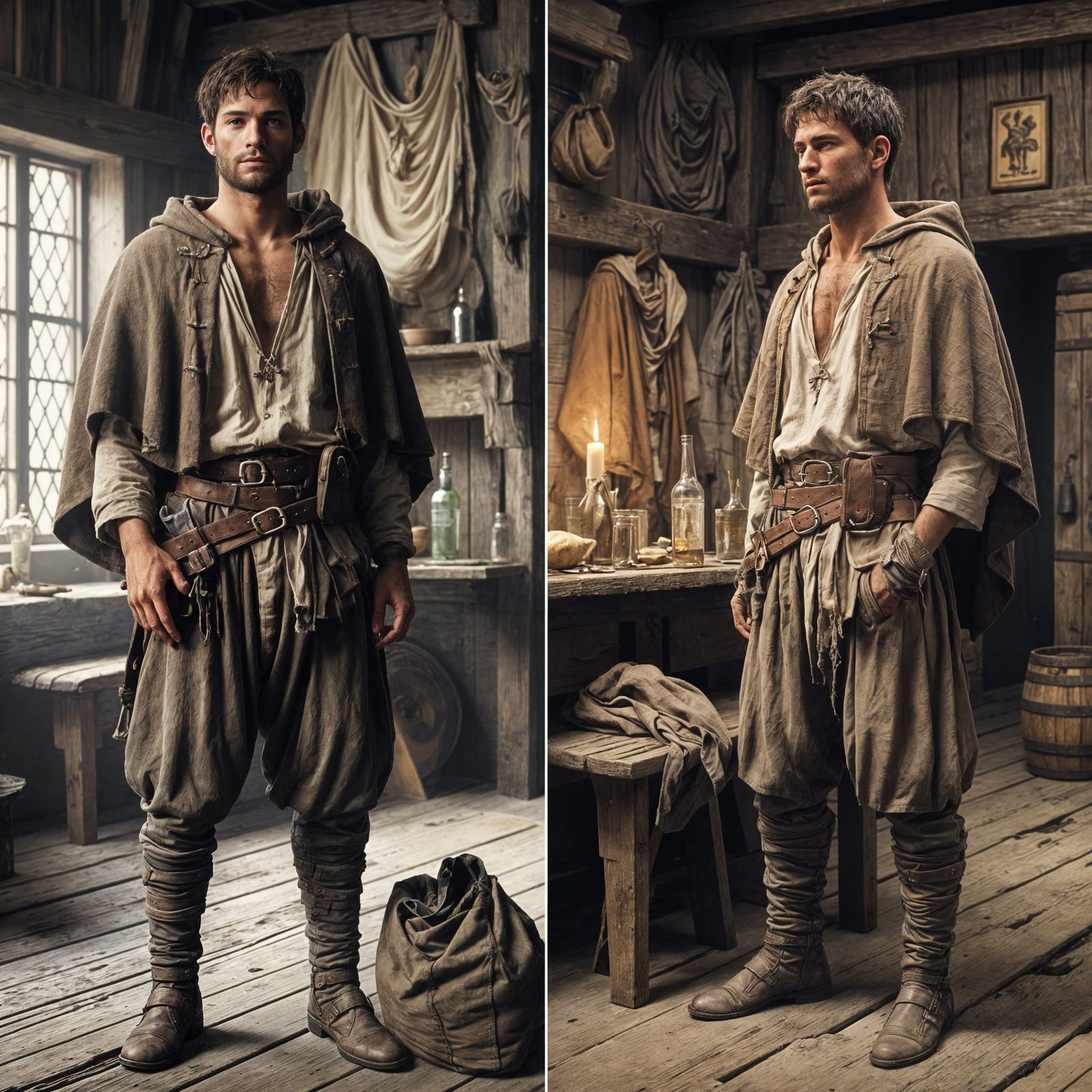 Fantasy Monk Cleric in Tavern, Realistic Full Body Portrait