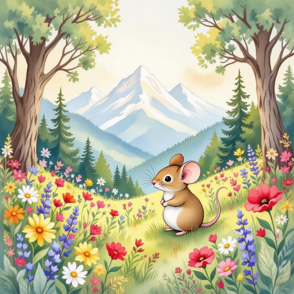 Shy Mouse in Whimsical Forest Landscape
