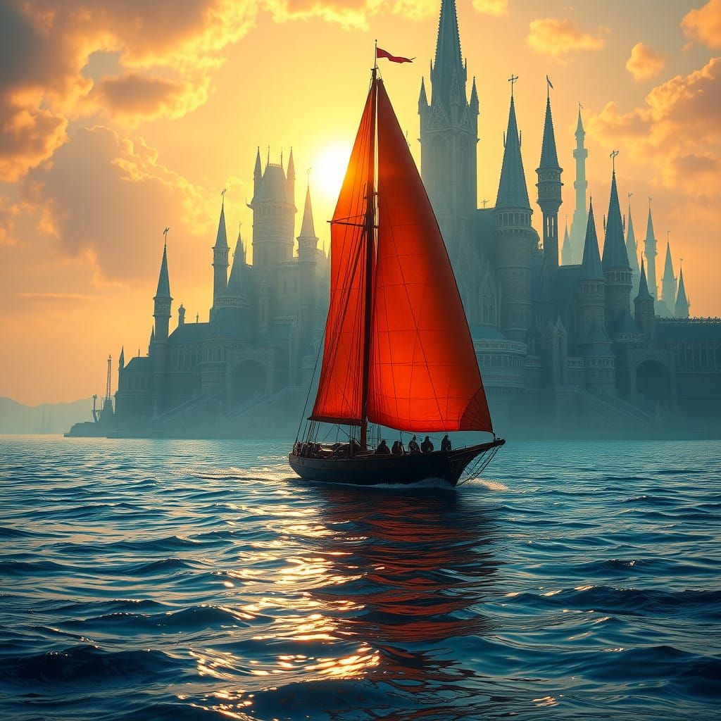 Sailboat in Sunset Cityscape with Gothic Architecture
