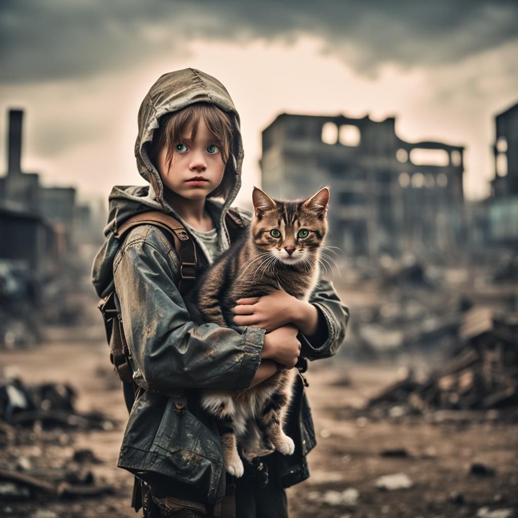 Sad Girl and Cat in Apocalyptic World