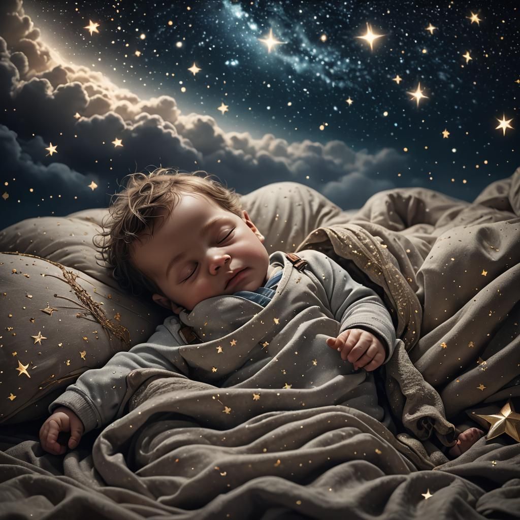 Dreamy Baby Boy Sleepwalking Under Starry Night