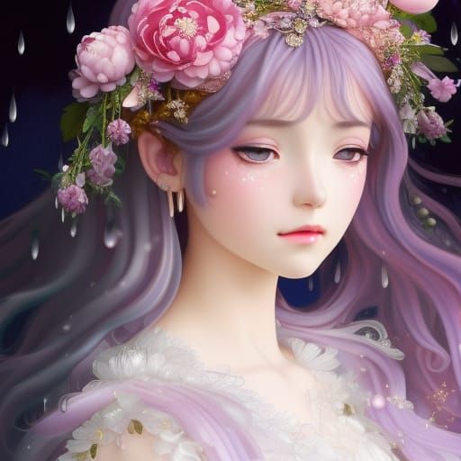 Crying Fairy in Rain with Peony Crown