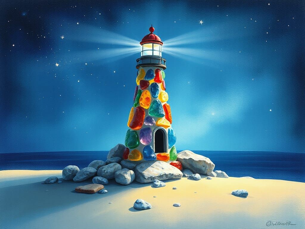Whimsical Sea Glass Lighthouse Under Starry Night Sky