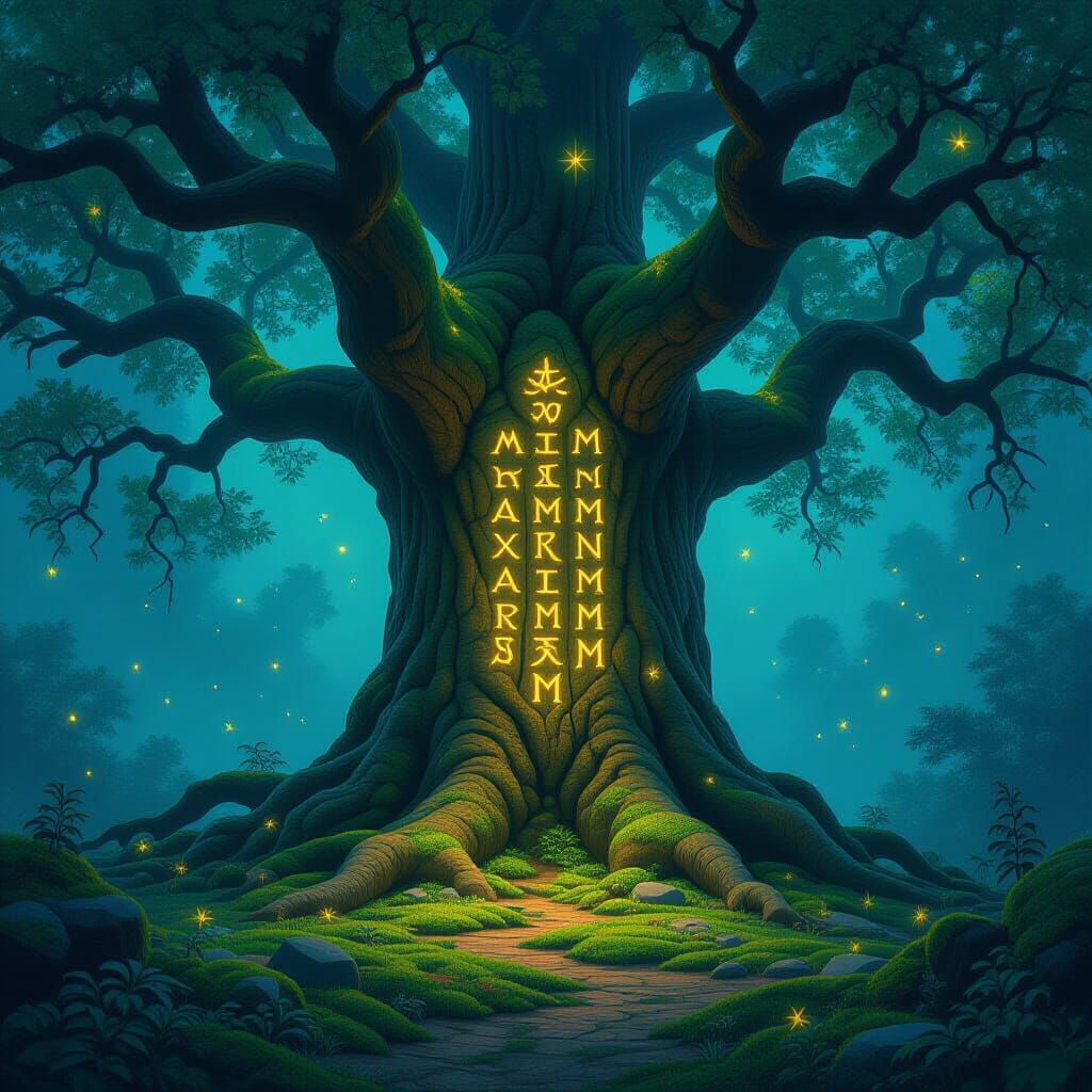 Ancient Oak Tree with Glowing Runes in Mystical Clearing