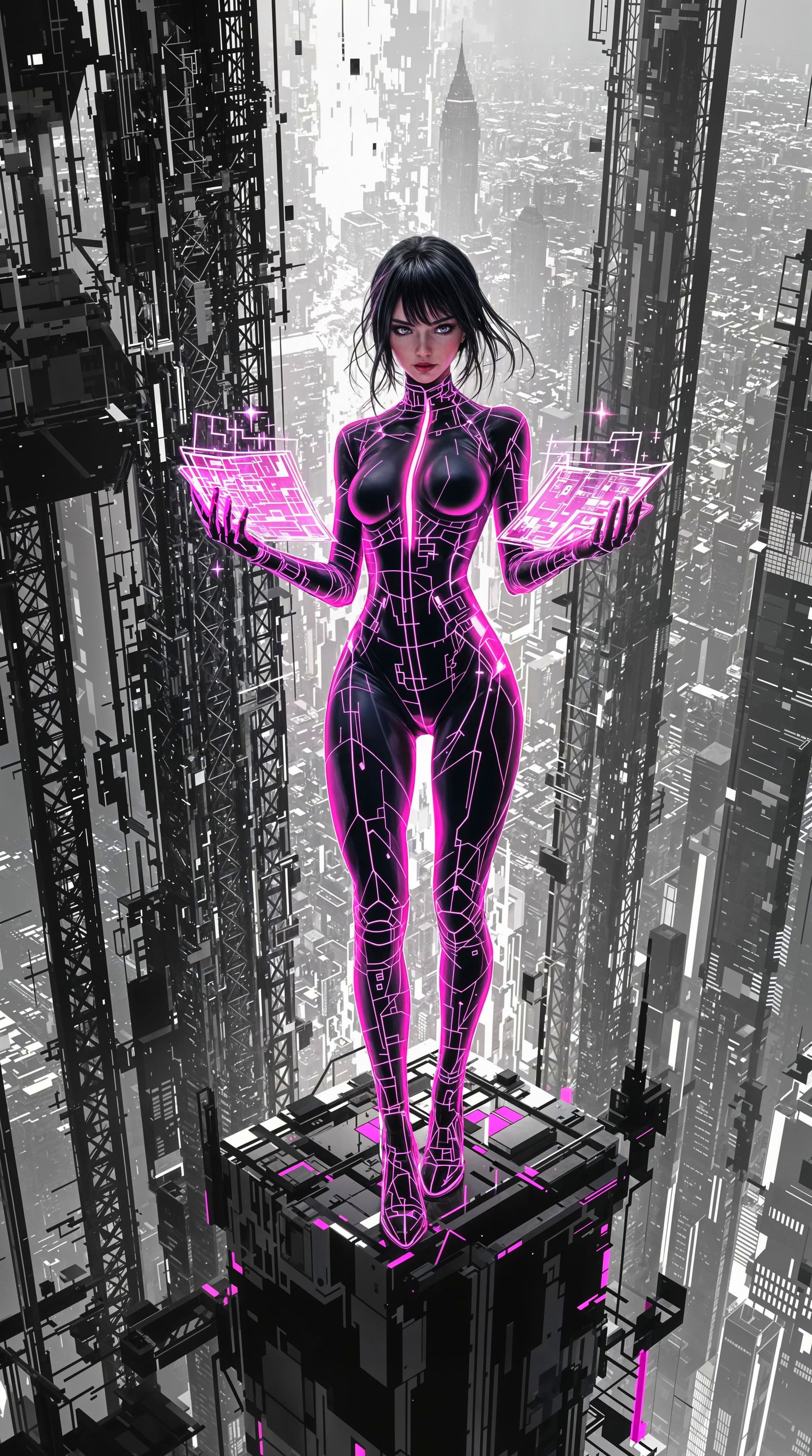 Confident Woman in Neon-Pink Jumpsuit Stands on Glitching Sk...