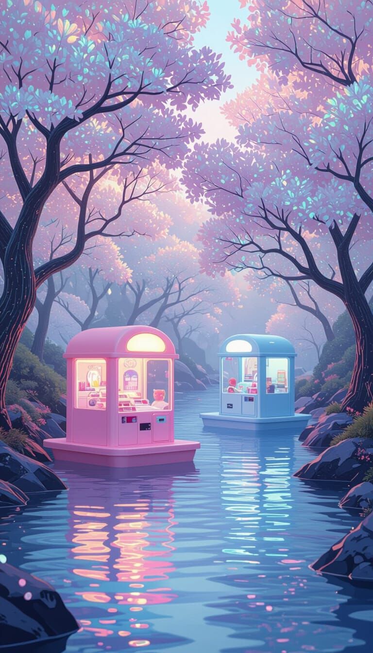 Dreamy River Scene with Pastel Kiosks in Surreal Style