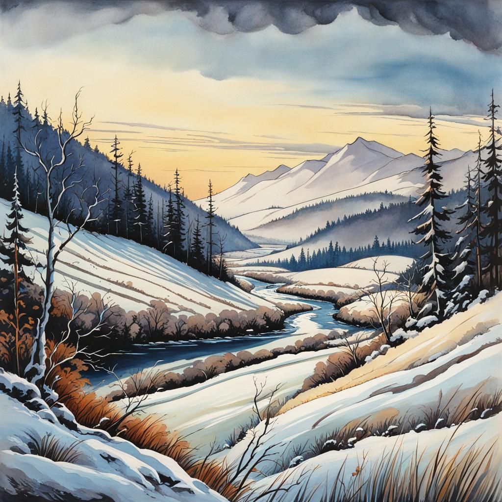 Colorful Winter Valley Landscape in Anime Style