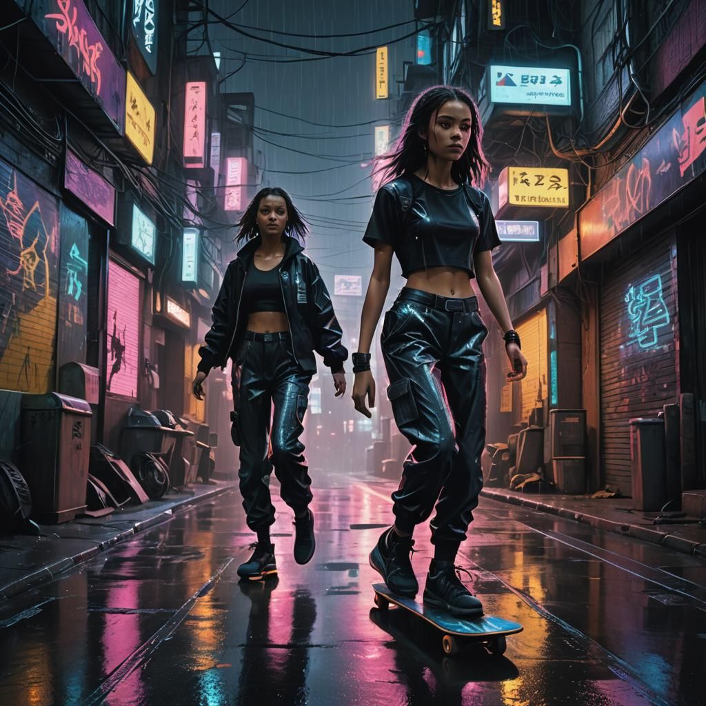 Cyberpunk Skateboarder in Neon Cityscape