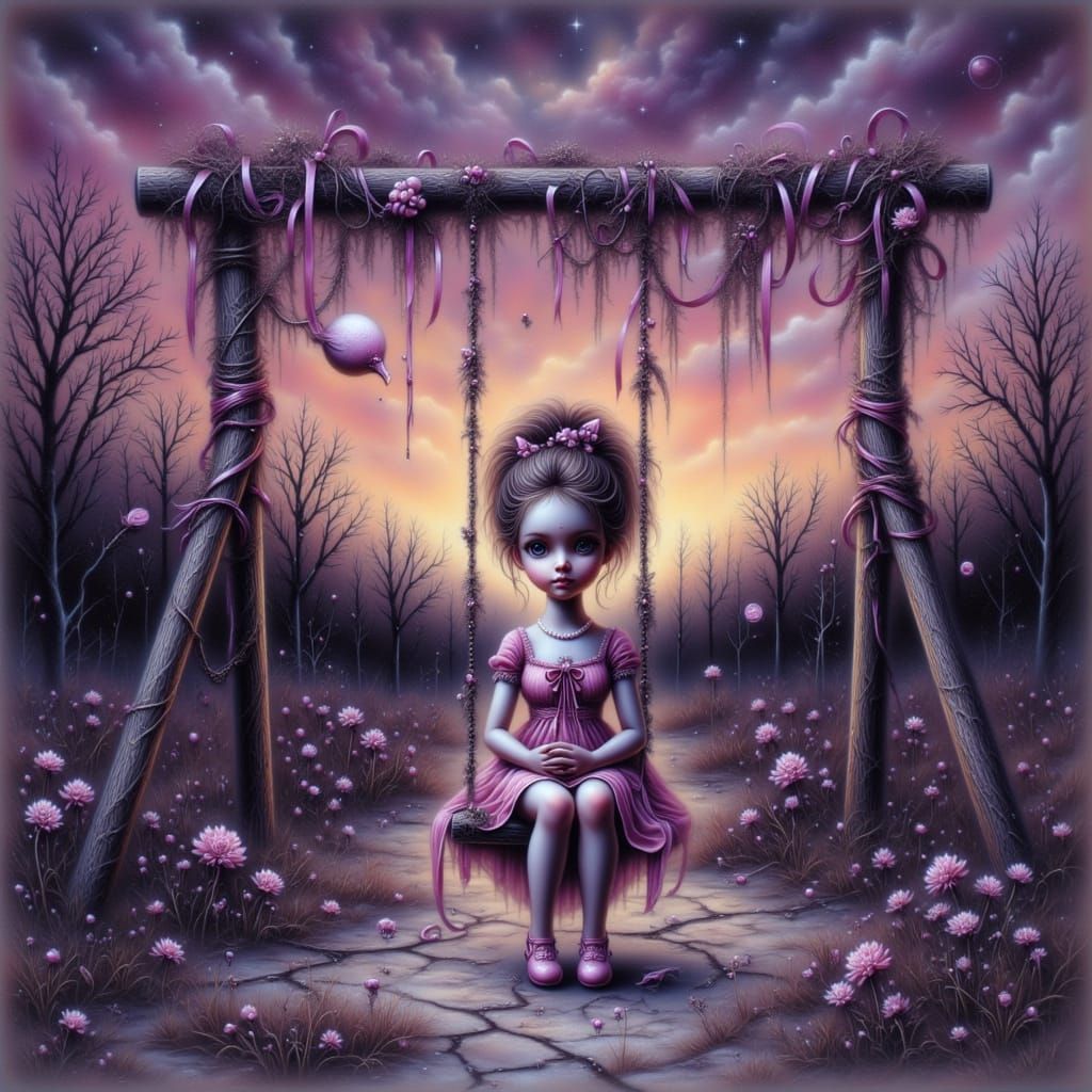 Haunting Porcelain Doll in Overgrown Amusement Park at Dusk