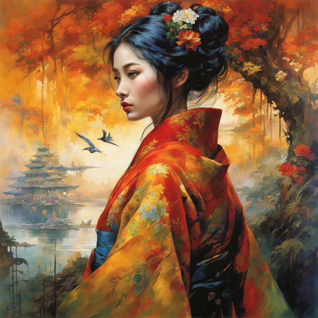 Ethereal Geisha in Celestial Kimono, Touched by Enchanted Re...