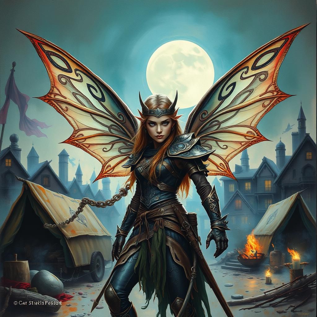 Mystical Elf Warrior in Dystopian Caravan Scene