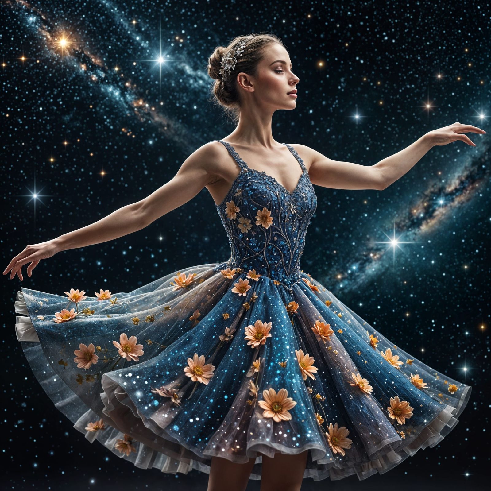 Ballerina's Floral Dance in Starry Galaxy