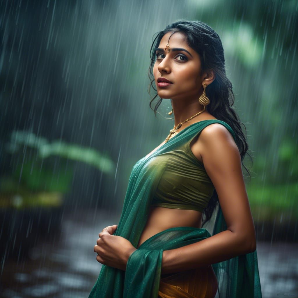 Indian Woman in Rain: Hyperrealistic Unreal Engine Rendering