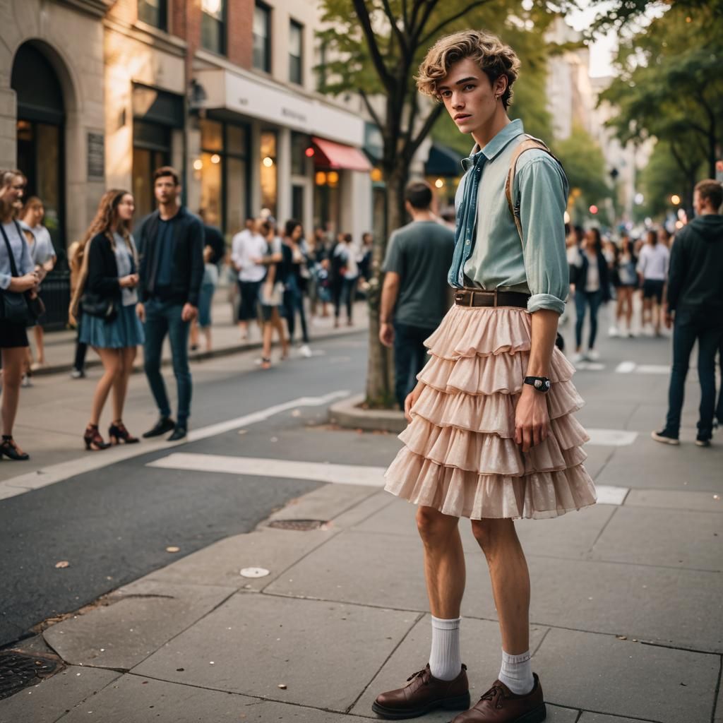 Cross-Dressed Boy on Sidewalk: Dreamy Portrait Photography