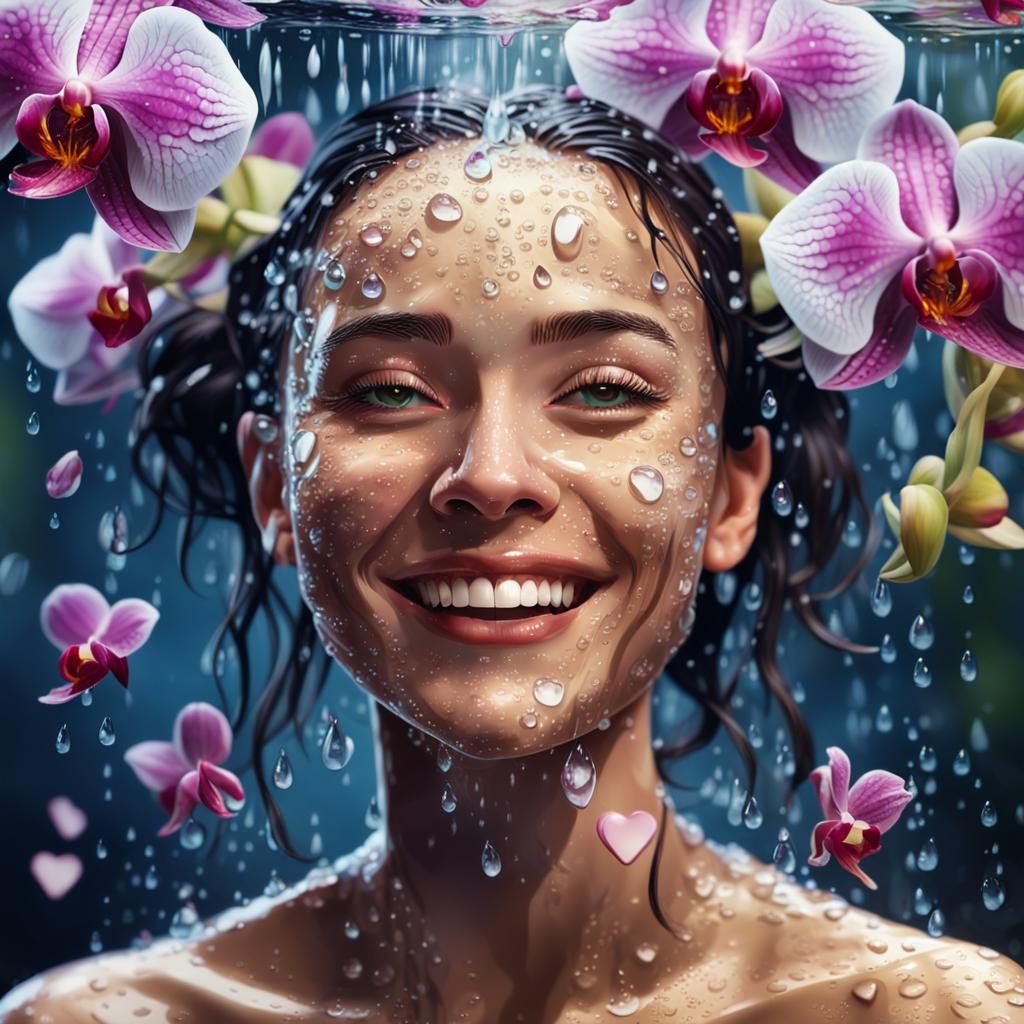 Woman in Rain of Hearts, Hyperrealistic Concept Art