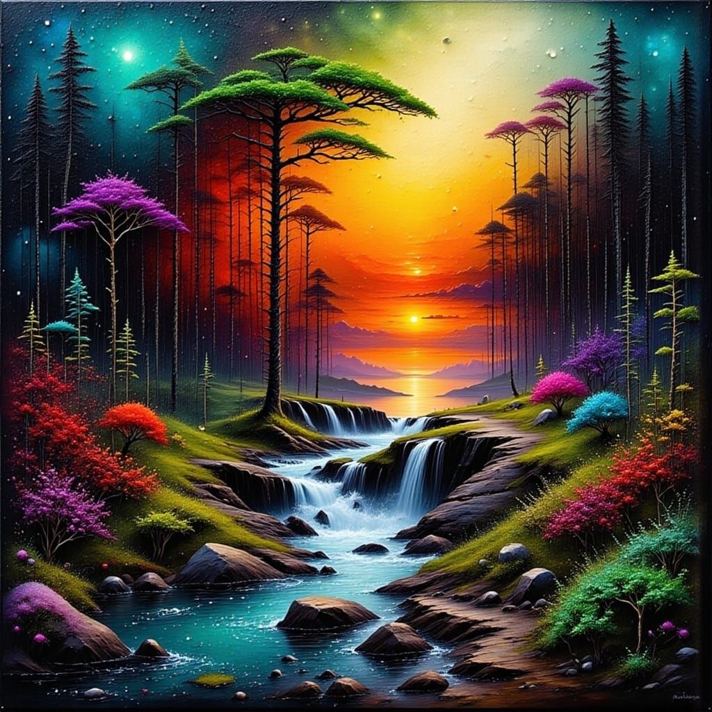 Mystical Forest Falls into Vibrant Ocean Abyss