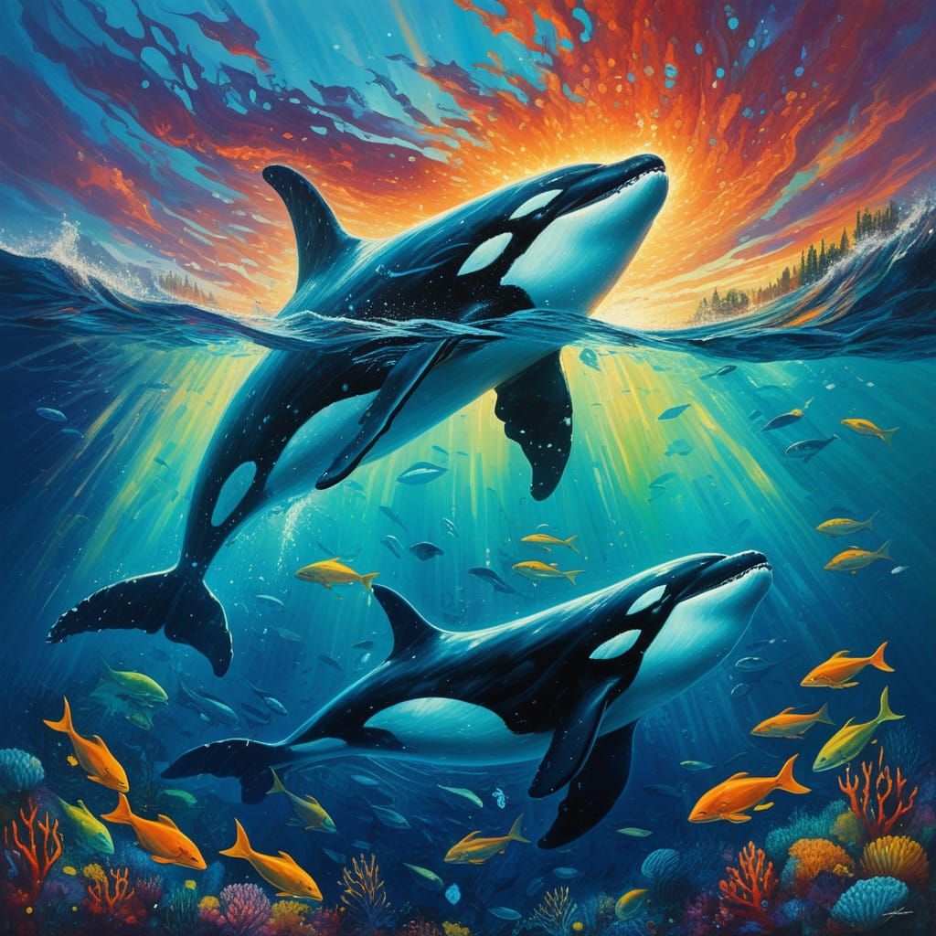 Ethereal Orca Whale Rises from the Ocean in a Dreamlike Atmo...