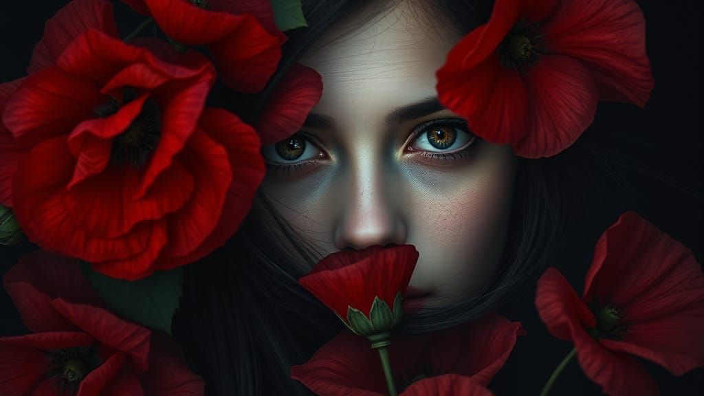 Woman's Face Veiled in Red Roses and Poppies, in a Moody Atm...
