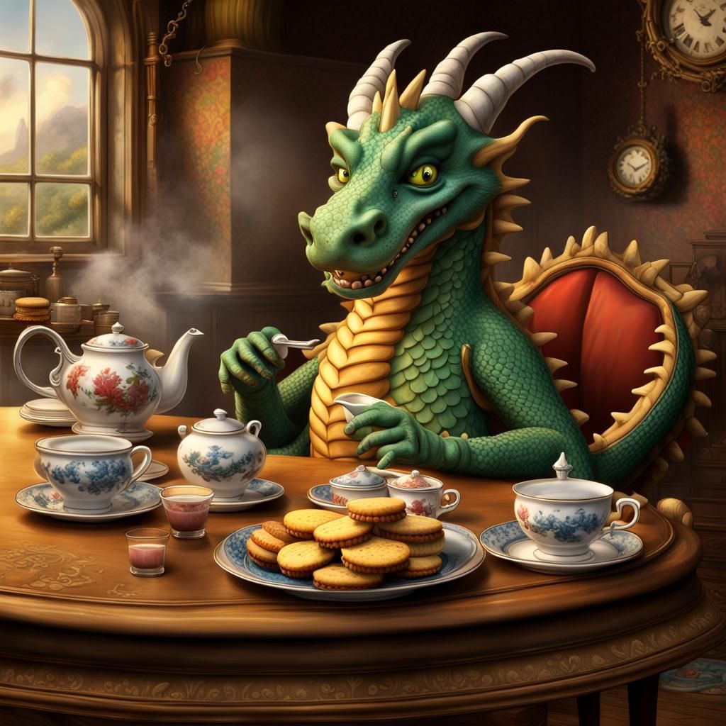 Cartoon Dragon's Delightful English Tea Time