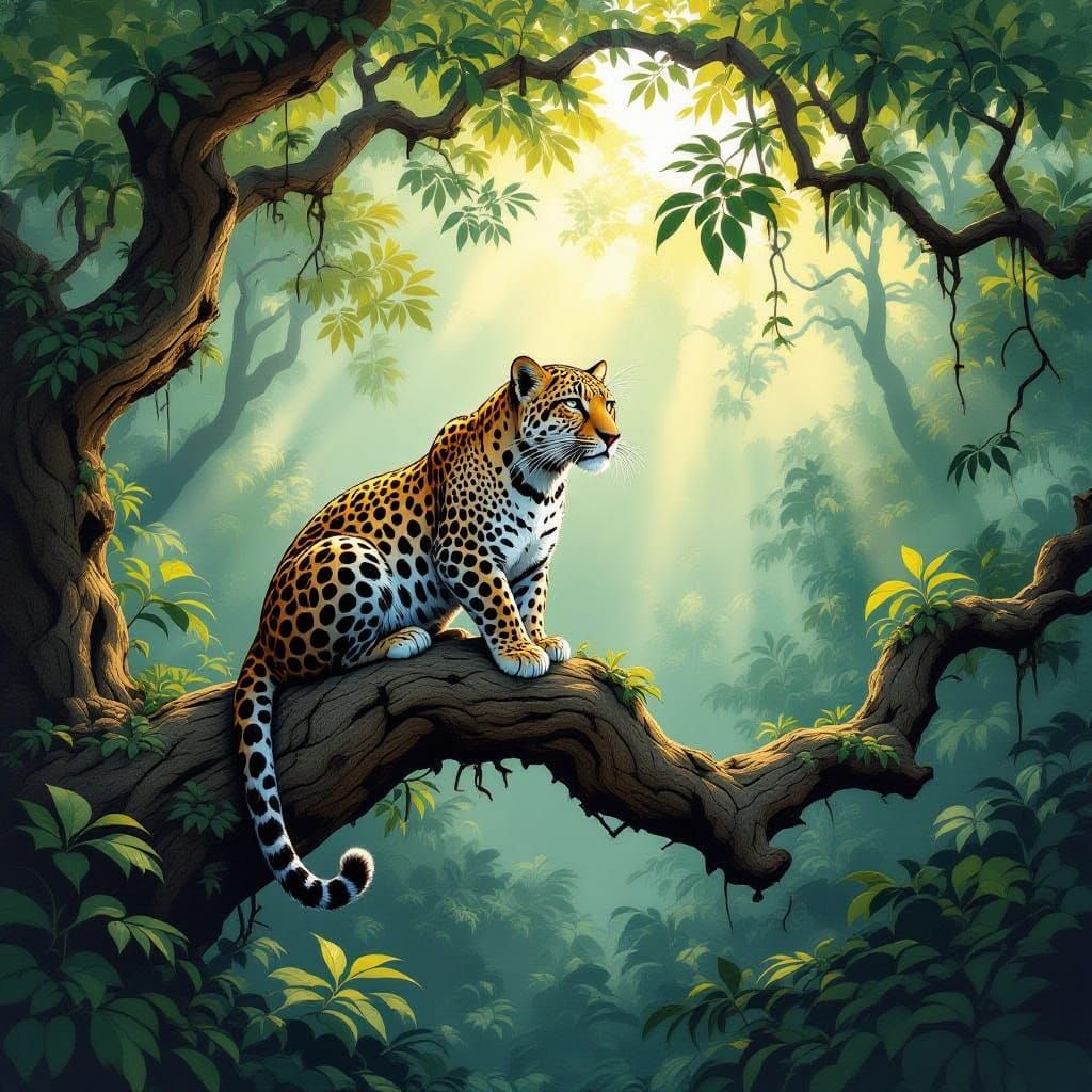 Majestic Leopard in Ancient Jungle Botanical Illustration