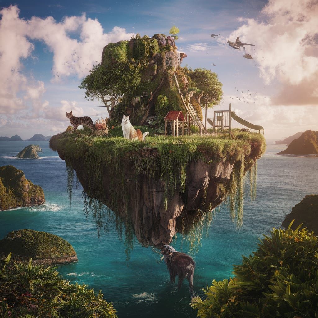 Floating Dream Island Held by Dog, Fantasy Art