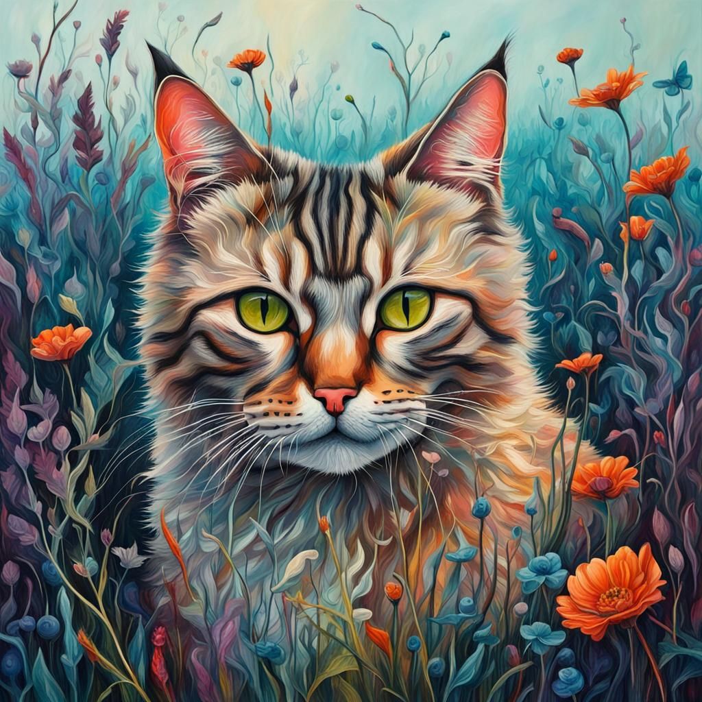 Creepy Hyperrealistic Cat in Fantasy Abstract Meadow
