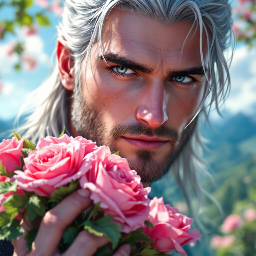 Anime Portrait of Man with Rose Bouquet