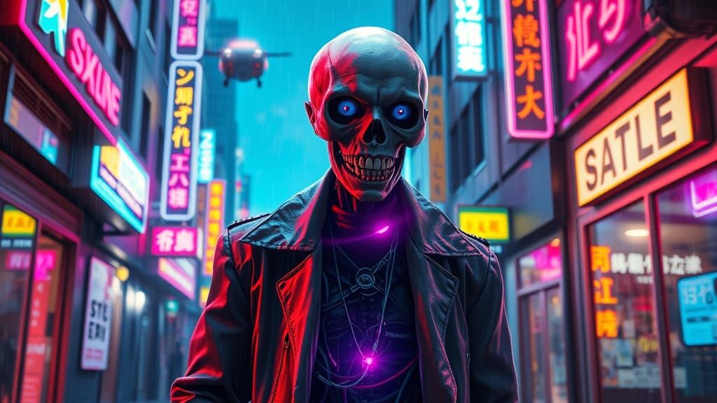 Cyberpunk Ghoul in Neon Alleyway