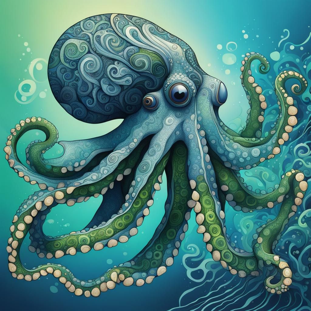 Zentangle Octopus with Ocean Background