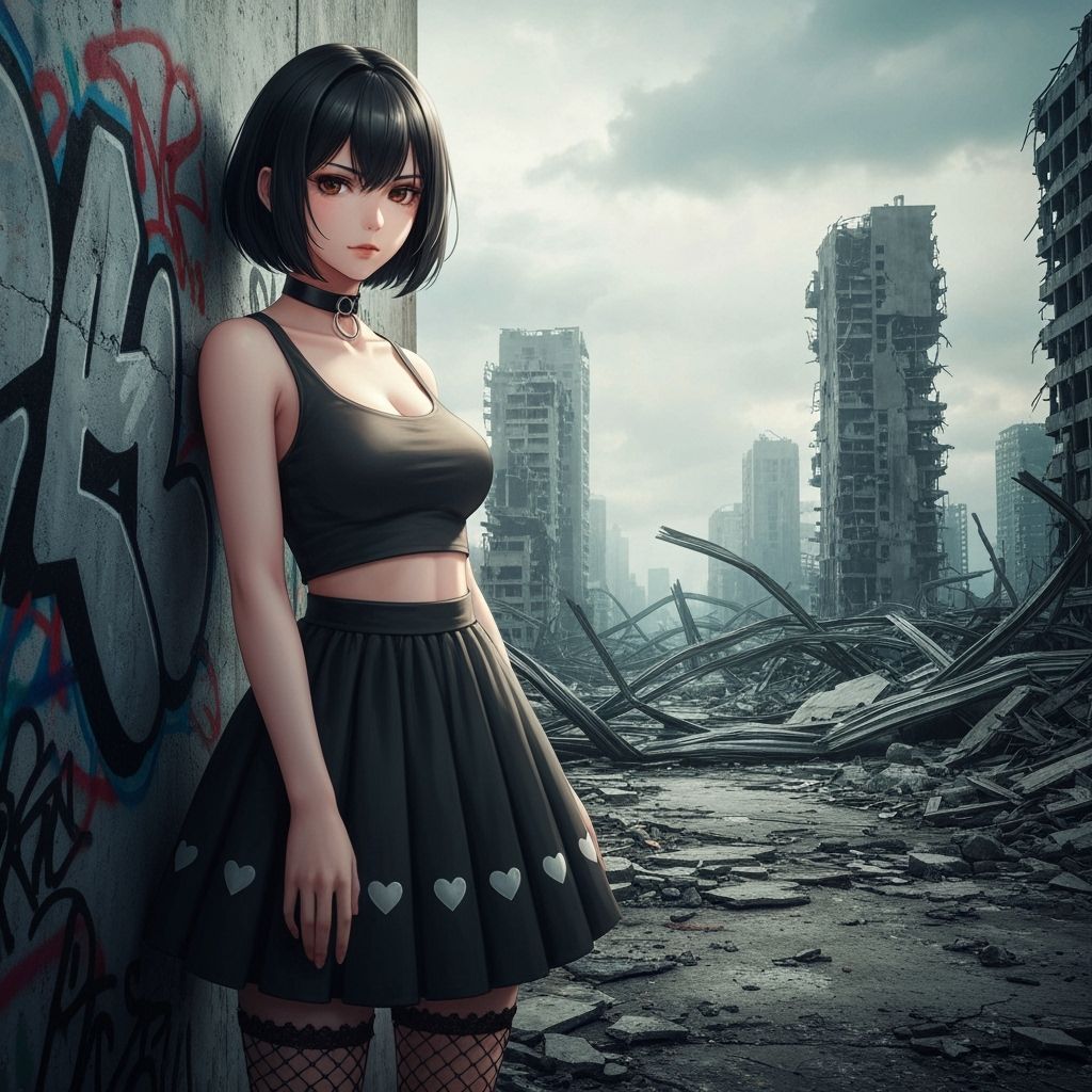 Anime Woman in Yami Kawaii Style in Post-Apocalyptic City