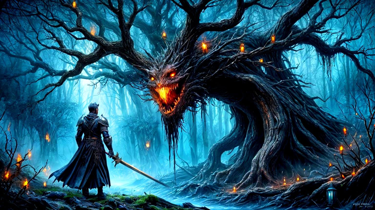A dark fantasy scene featuring a lone knight.