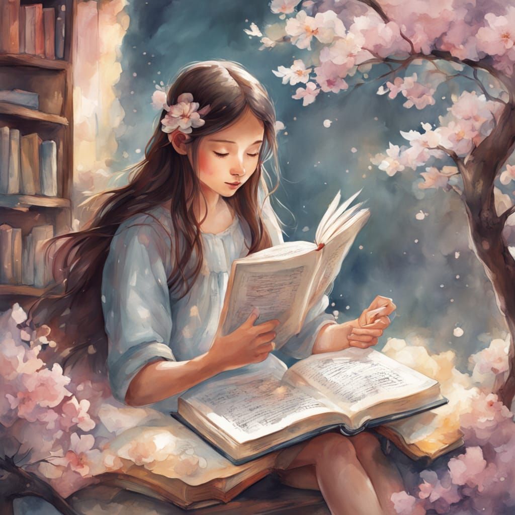 Whimsical Watercolor Scene of a Girl Reading in a Blooming B...