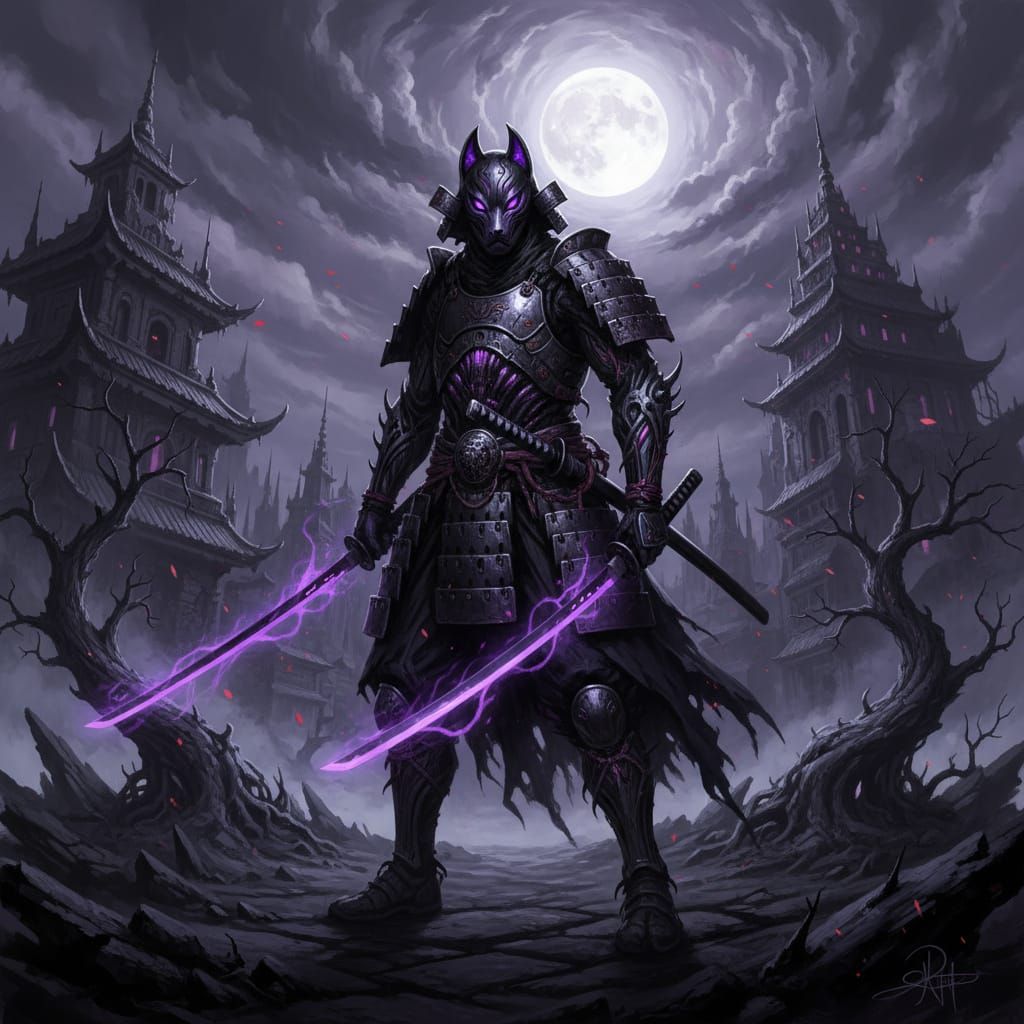 Dark Samurai with Glowing Swords in Gothic Horror Style