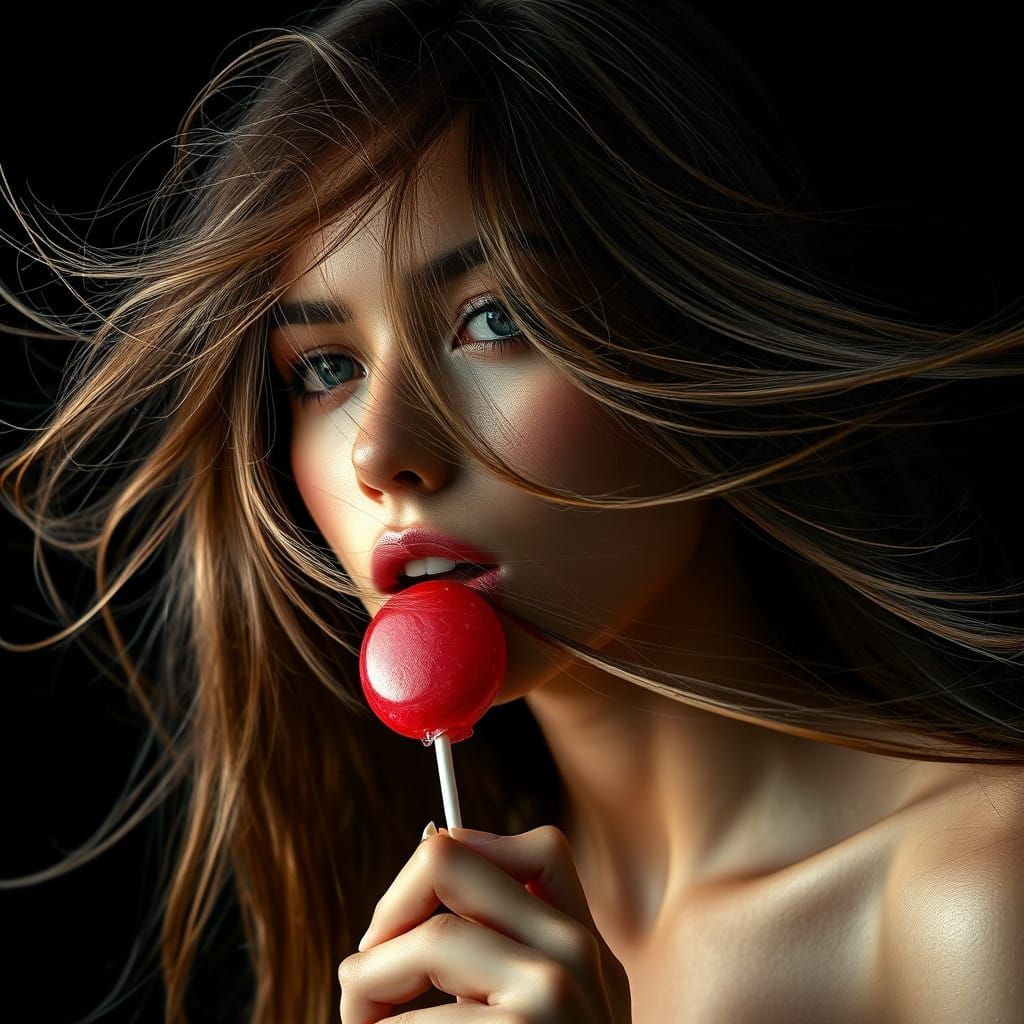 Woman with Red Lollipop in Surreal Oil Painting