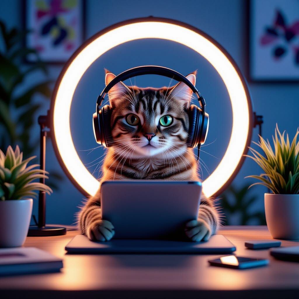 Gen Z Cat Vlogger Recording Video, Digital Photograph