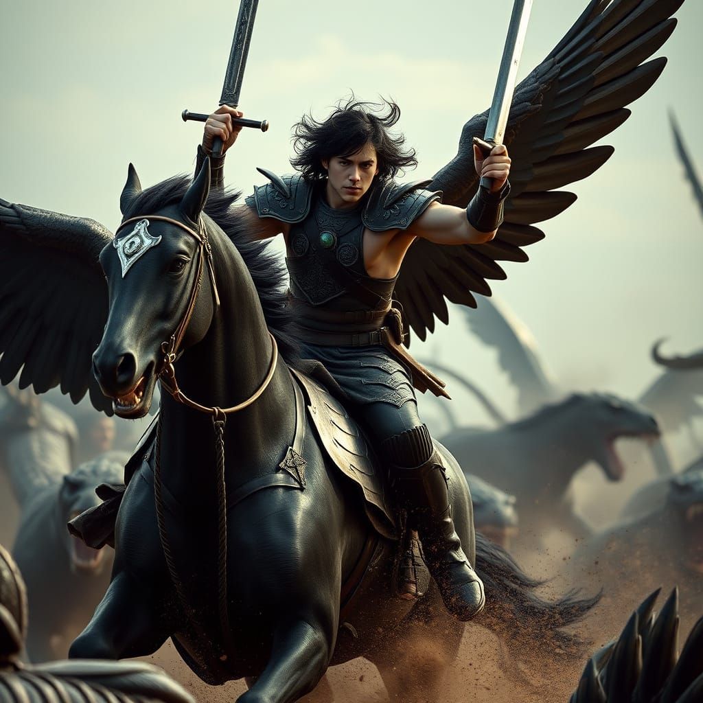Percy Jackson Charging into Battle with Pegasus