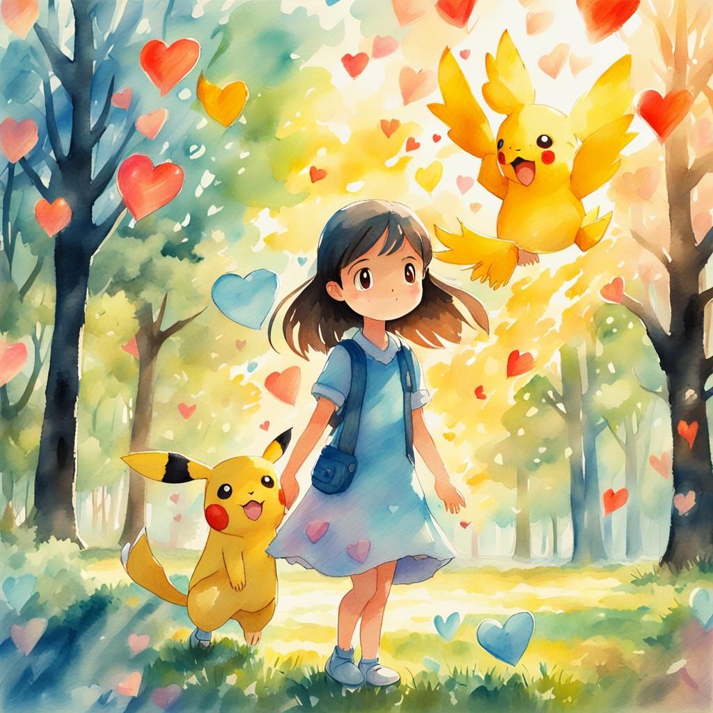 Girl and Pokémon Radiating Hearts: Watercolor Art