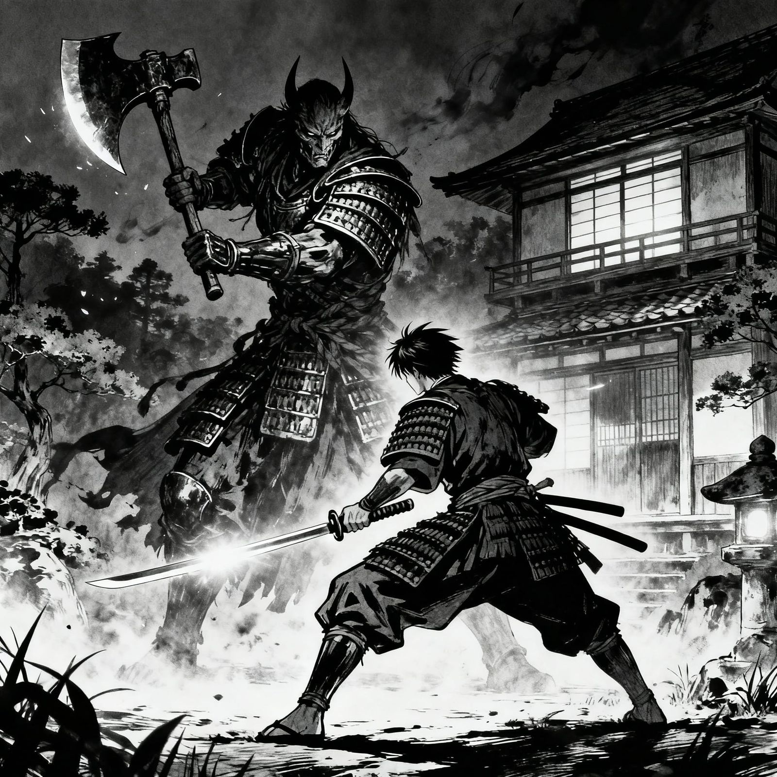 Samurai Hero vs Armored Villain Action Scene