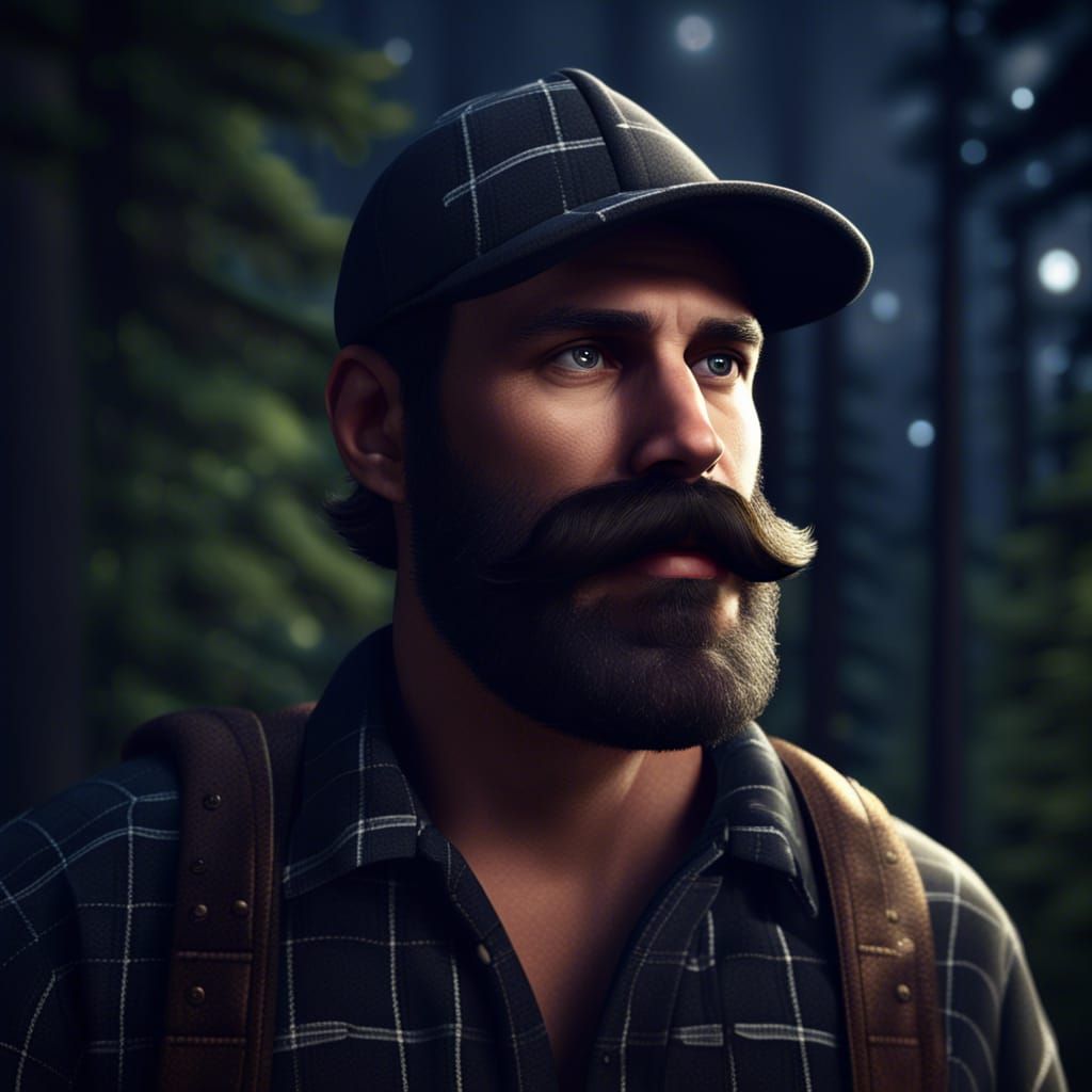 Photorealistic Mountain Man with Beard in Forest