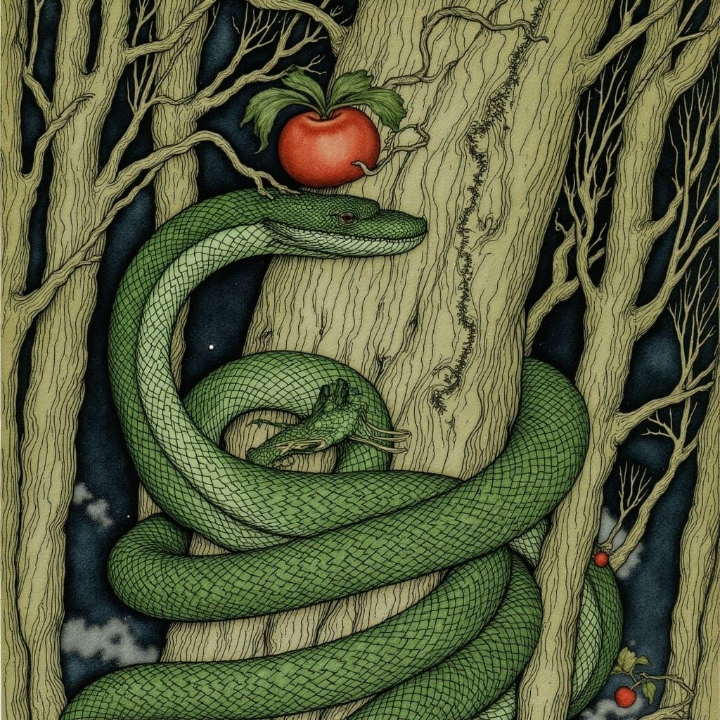 Emerald Serpent Coiled Around Tree in Art Nouveau Style