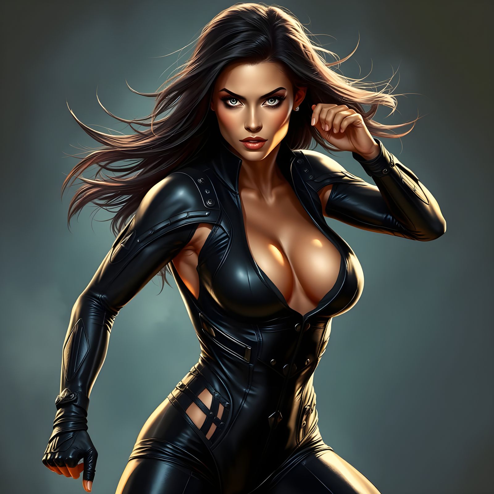 Cyberpunk Superheroine in High-Tech Leather Suit