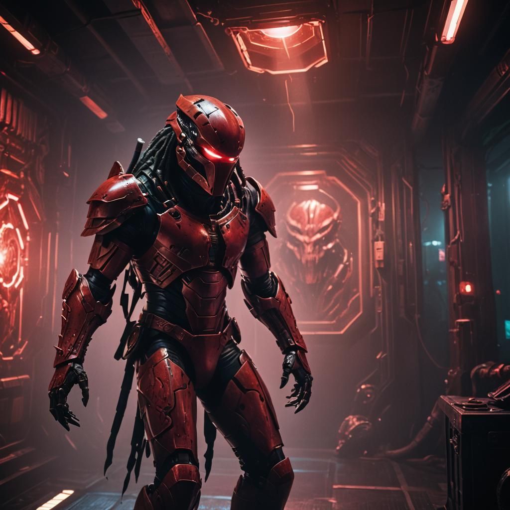 Red Predator Inspecting Artifact in Cyberpunk Chamber